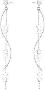 Product image of SLUYNZ Sterling Silver Star Dangle Earrings for Women Teens Long Dangle Earrings Chain Curve Tassel
