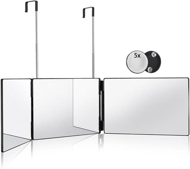 Product image of HIEEY 3 Way Mirror for Hair Cutting,360 Trifold Mirror with Height Adjustable Telescoping Hooks,and 5X Magnification,for Makeup, Hair Styling