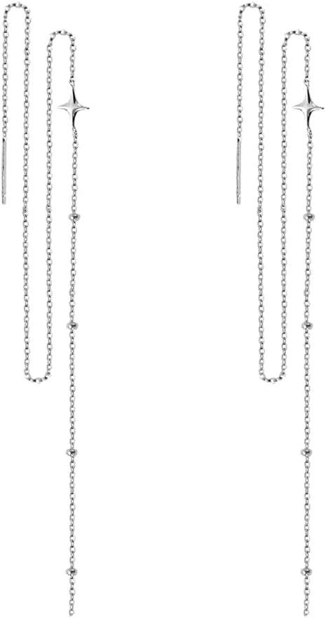 Product image of SLUYNZ 925 Sterling Silver Star Long Dangle Earrings Chain for Women Teens Line Dangle Earrings Tassel Threader Chain