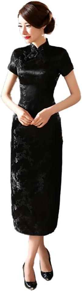 Product image of Women Cheongsam Long Dress Evening Short Sleeve Slim Fit Maxi Dress Floral Faux Silk Stand Collar Bodycon Qipao