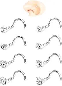 Product image of Nose Rings Studs: 8Pcs 20G Gold/Silver 316L Surgical Stainless Steel Nose Studs Hypoallergenic Corkscrew Nose Piercing Stud Jewelry for Women Men Clear Cubic Zirconia Imitation Diamond Top Size 1.5mm 2mm 2.5mm 3mm