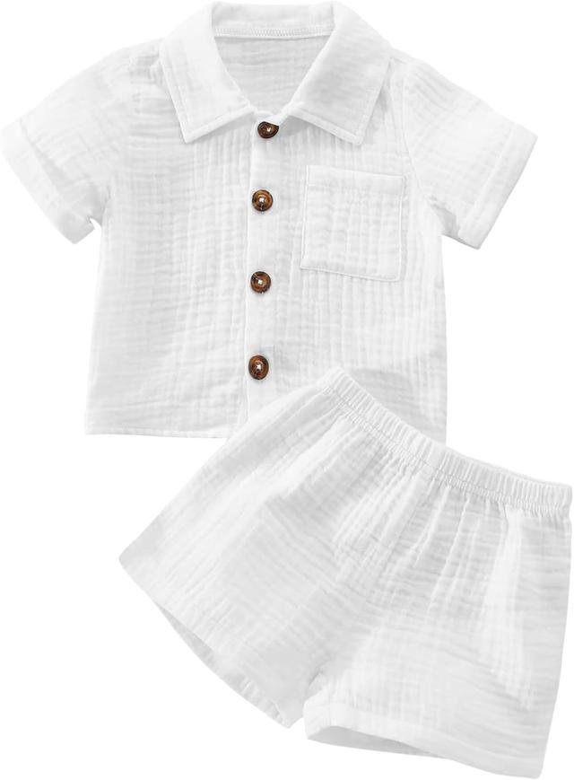 Product image of Baby Boys Clothes Set Toddler Infant Boys Button-down Shirt Tops + Cotton Gauze Shorts Summer Outfit 2PCS with Pockets
