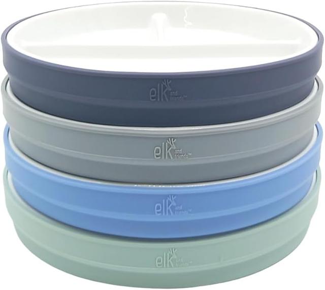 Product image of Elk and Friends Kids 7.8” Porcelain White Plates with Silicone Sleeves | Divided Plates | Suitable for Kids/Toddlers | Microwave & Dishwasher Safe | Non Slip | Snack Dishes