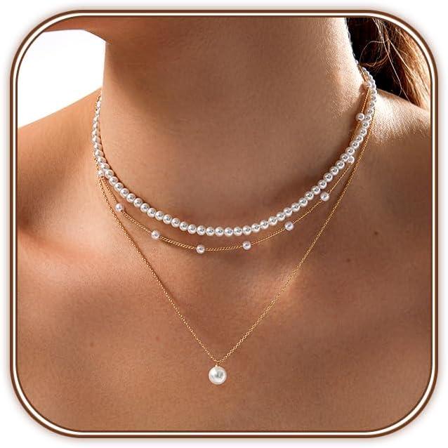 Product image of Zeffy Gold Pearl Necklace for Women, Dainty 14K Gold/Silve Plated Layered Pearl Choker Pearl Earrings Pearl Bracelets Wedding Trendy Gold Jewelry Set for Women Gifts
