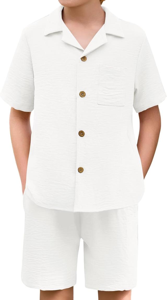 Product image of Haloumoning Boys 2 Pieces Summer Outfits Beach Short Sleeve Button Down Shirts and Shorts Vacation Texture Sets for Kids