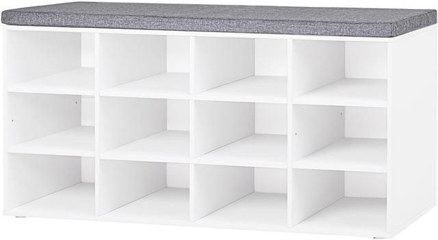 Product image of DINZI LVJ Shoe Storage Bench with Cushion, Cubby Shoe Rack with 12 Cubbies, Adjustable Shelves, Multifunctional Shoe Organizer Bench for Entryway, Mudroom, Hallway, Closet and Garage, White