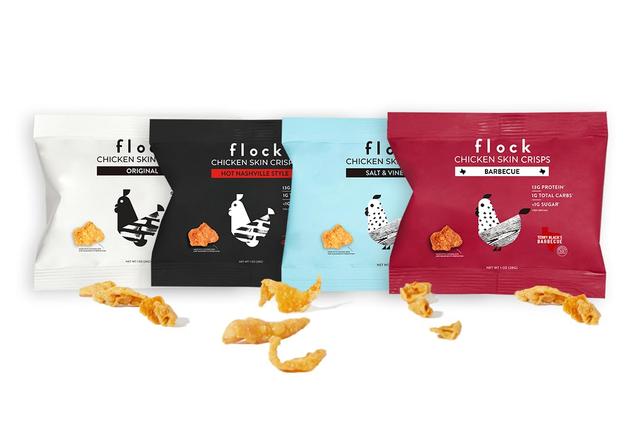 Product image of Flock Keto Chicken Skin Chips | 4 Flavors Variety Pack | Low Carb, High Protein, Sugar Free, Gluten Free Fried Chicken Skins for People | (1oz) 8-Pack Crispy Flock Chips