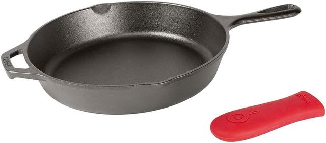 Product image of Lodge 12 Inch Cast Iron Skillet with Red Silicone Hot Handle Holder – Pre-Seasoned Frying Pan for Stove, Oven, Grill & Campfire – Made in the USA – Durable, Nonstick Cast Iron Cookware – Black