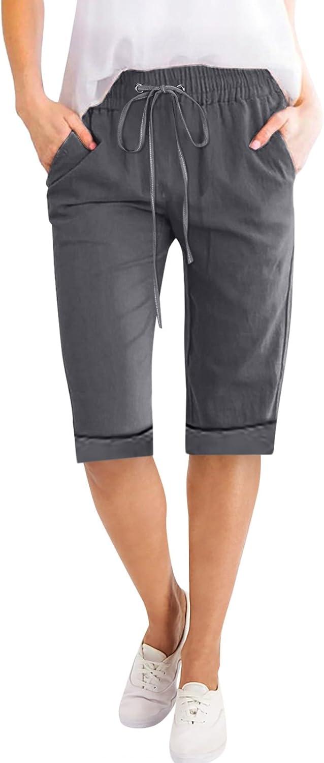 Product image of Petite to Bermuda Shorts for Women Knee Length Cotton Linen Shorts Casual Summer Baggy Dressy Shorts with Pockets