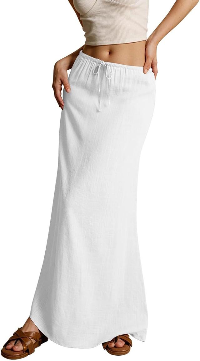 Product image of Maxi Skirts for Women Elastic Waist Drawstring Low Waist A Line Skirt Solid Color Flowy Ankle-Length Beach Skirts