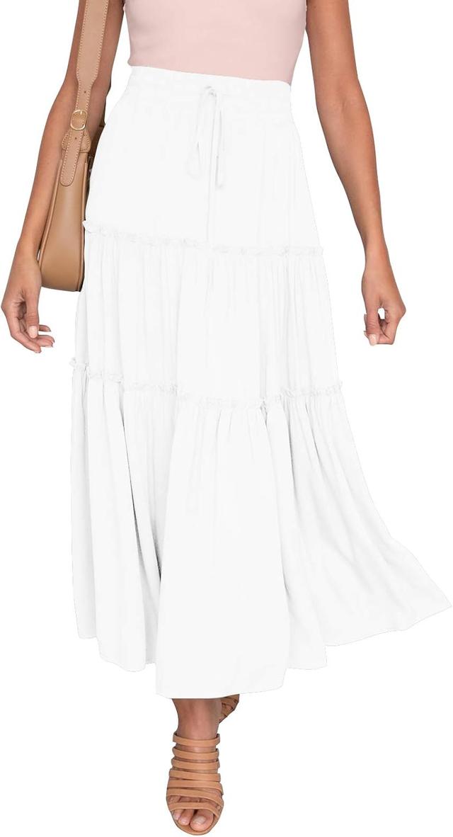 Product image of HAEOF Womens Summer Flowy Boho Midi Maxi Skirt Elastic High Waist A Line Pleated Tiered Trendy Beach Long Skirts with Pockets