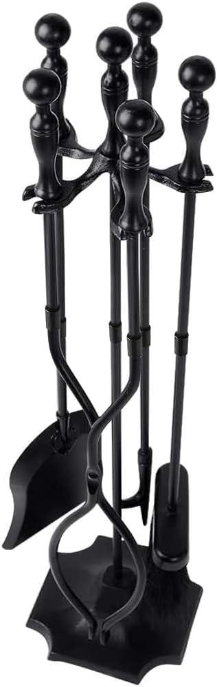 Product image of AMAGABELI GARDEN & HOME 5 Pcs Fireplace Tools Sets Black Handle Wrought Iron Large Fire Tool Set and Holder Outdoor Fireset Fire Pit Stand