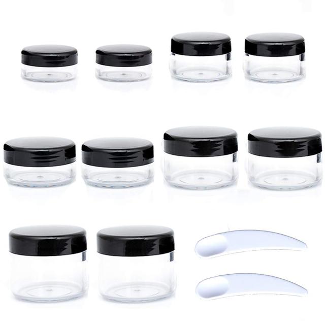 Product image of ZEJIA 10pcs Small Travel Containers, Black Sample Containers with Screw Lids, 5 Size 3/5/10/15/20 Gram Sample Jars with 12pcs Labels and 2pcs Mini Disposable Spatula, Makeup Sample Containers BPA Free