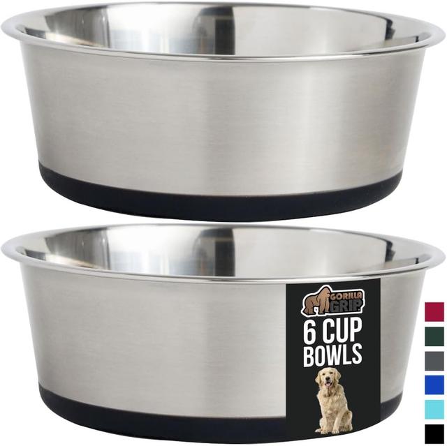 Product image of GORILLA GRIP Set of 2 Dog Bowls, Holds 6 Cups (48 fl oz), Heavy Duty Metal Food and Water Bowl for Feeding Dogs and Cats, Dishwasher Safe, Rust Resistant Stainless Steel, BPA Free Rubber Base, Black