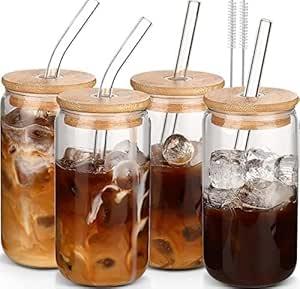 Product image of DWTS DANWEITESI Glass Cups with Lids and Straws 4 pcs,16oz Drinking Glasses Set for Coffee Bar Accessories Iced Coffee Cups with Lids,Glass Tumbler Reusable for Gifts
