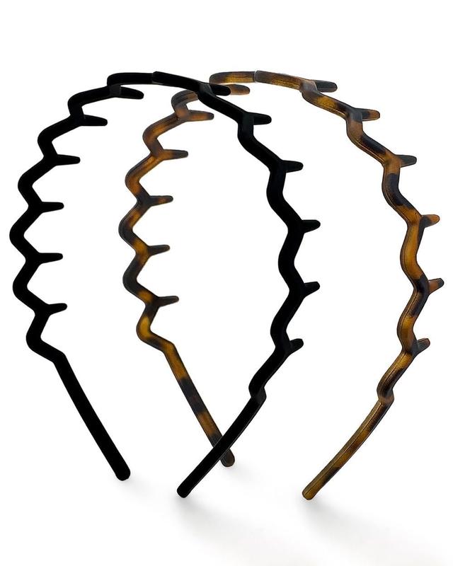 Product image of Kitsch Zig Zag Headbands, Recycled Plastic Wavy Hair Band with Teeth, Headband for Women and Men, Classic 90s Hair Accessories, 2pcs (Black and Brown)
