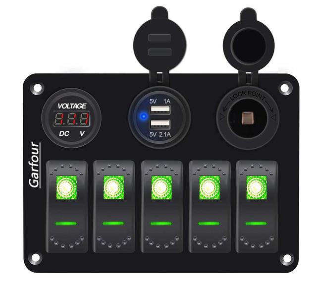 Product image of Green 5 Gang Marine Switch Panel - Waterproof Boat Switch Panel with 3.1A Dual USB, LED Voltmeter & Cigarette Lighter Socket for Boats, Trucks, RVs, SUVs
