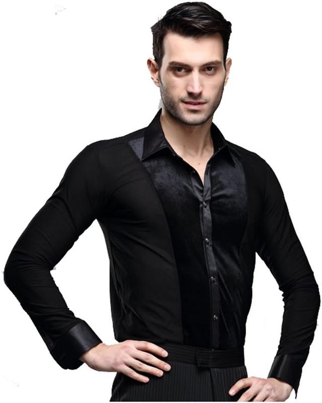 Product image of Men Long Sleeves Black Velvet Latin Ballroom Dance Shirts Suit Chacha Rumba Samba