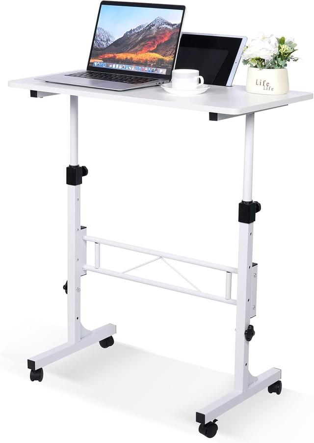 Product image of KLSMYHOKI Standing Desk Adjustable Height, Mobile Stand Up Desk with Wheels Small Computer Desk Rolling Desks, Portable Laptop Desk White Standing Table Home Office Desks 16"x31.5" Height 27"-43.5"