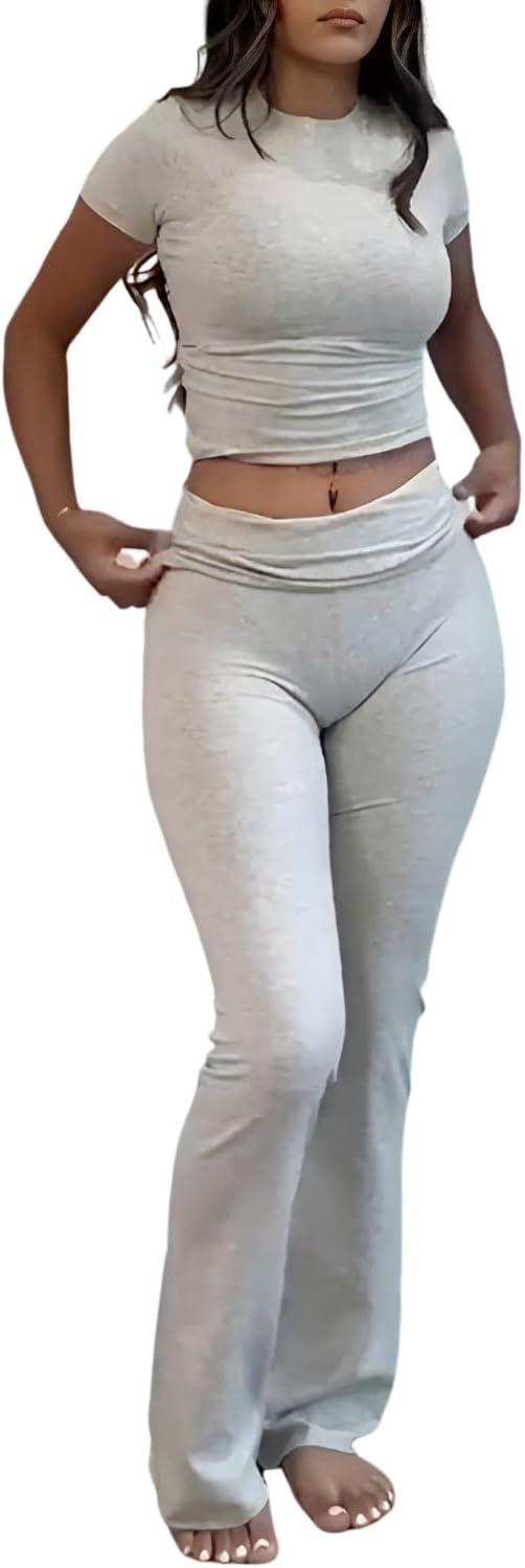 Product image of Women's 2 Piece Lounge Outfits Slim Short Sleeve Tops Low Rise Flare Leggings Sets Yoga Sweatsuit