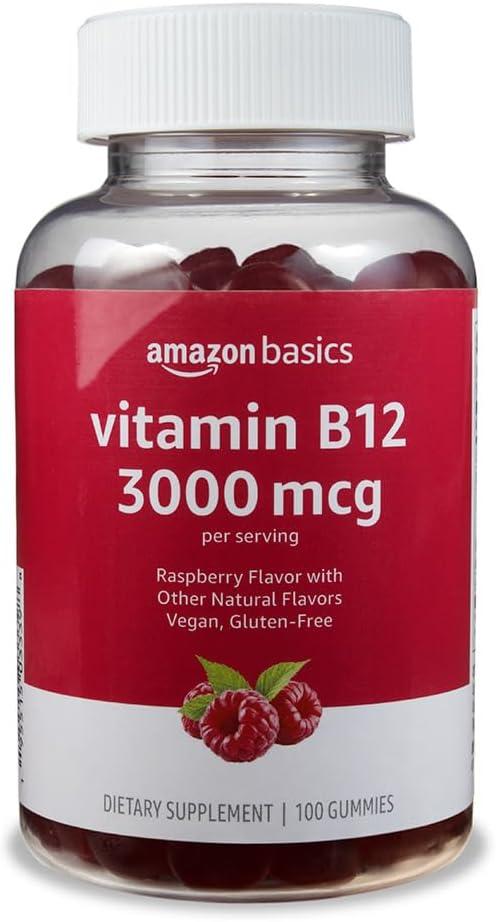 Product image of Amazon Basics Vitamin B12 3000 mcg Gummies, Normal Energy Production and Metabolism, Immune System Support, Raspberry, 100 Count (2 per serving) (Previously Solimo)