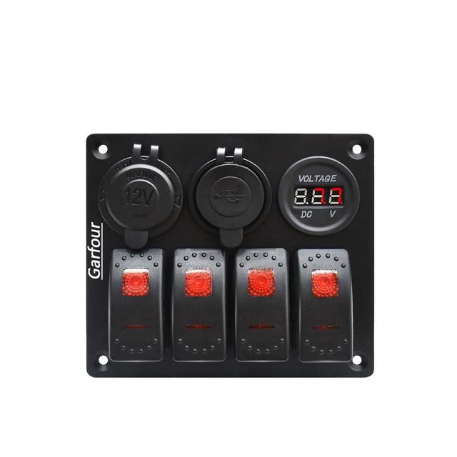 Product image of Red Waterproof Boat Rocker Switch Panel 3.1A Volt Dual USB Socket LED Light Voltmeter Cigarette Lighter Socket 4 Bang Rocker Switch Panel for Car RV SUV Boat