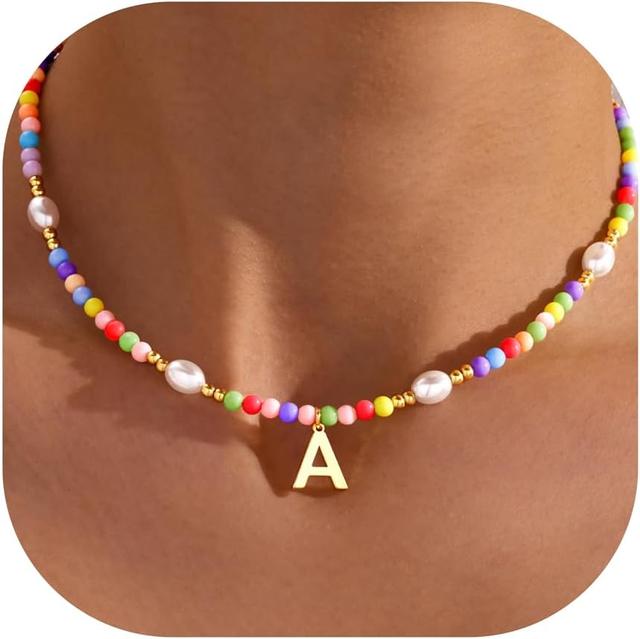 Product image of Cute Beaded Initial Necklaces for Girls Trendy Dainty Colorful Pearl Letter Choker Charm Necklace for Women Teen Girls Handmade 14K Gold Plated Bohemian Birthday Personalized Jewelry Gifts