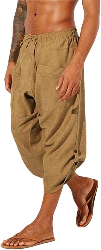 Product image of Gafeng Mens Linen Harem Capri Pants Drawstring 3/4 Shorts Casual Beach Yoga Hippie Thai Pants