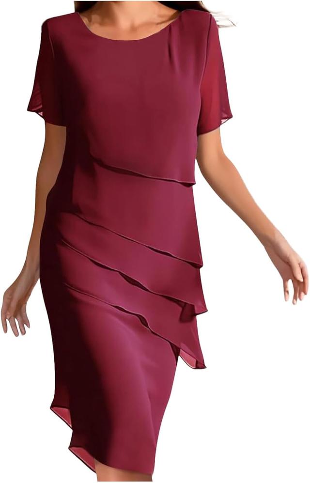 Product image of Women's Flowy Chiffon Tiered Midi Dress Summer Elegant Short Sleeve Layered Cocktail Dresses