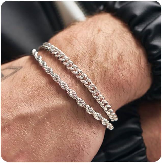 Product image of RANKEEF 2 Pcs Chain Bracelet for Men - 925 Sterling Silver 7-9inch Figaro Rope Cuban Link Bracelet Set - Gifts for Dad, Husband, Boyfriend