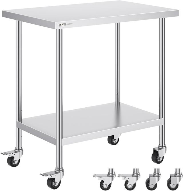 Product image of VEVOR Stainless Steel Table 24 x 36 x 38 Inch, with 4 Wheels, 3 Adjustable Height Levels, Heavy Duty Food Prep Work Table for Commercial Kitchen Restaurant, Silver