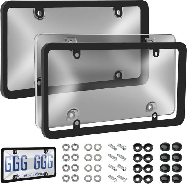 Product image of License Plate Covers & Frames, 2 Pack Black License Plate Covers and Frames Combo, Plastic Car Front/Rear License Plate Covers ith Screws Caps, Universal Car Accessories for Most Cars