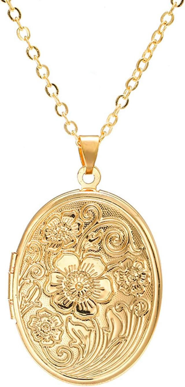 Product image of Vintage Engraved Flower Empaistic Photo Locket Hold Picture Oval Round Pendant Necklace Antique Carved Pattern Souvenir Memorial Clavicle Jewelry for Women