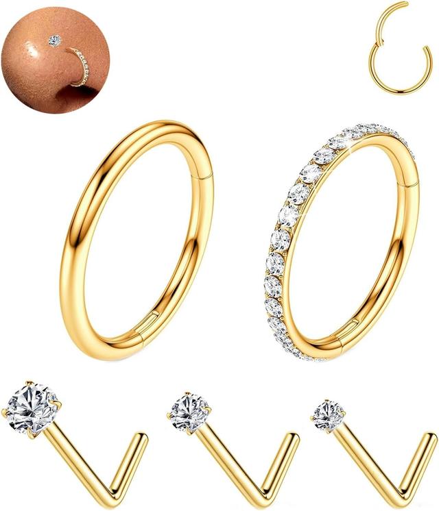 Product image of 18G/16G Nose Rings Hoop and 20g Nose Studs Sets for Women Men, Hypoallergenic 316L Surgical Steel Hinged Clicker Segment CZ Nose Hoops Double Hoop Nose Ring Septum Lip Helix Cartilage Daith Tragus Sleeper Earrings Gold Silver L Shape/Corkscrew Nose Studs 