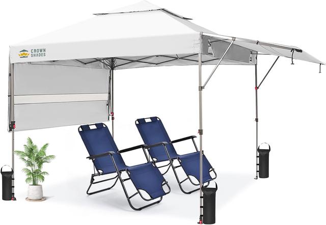 Product image of CROWN SHADES 10x10 Pop up Canopy Tent Patended Centerlock Instant Commercial Canopy with 150D Silver Coated Fabric Including 2 Extend Awnings, 4 Ropes, 8 Stakes, 4 Weight Bags, STO 'N Go Bag, White