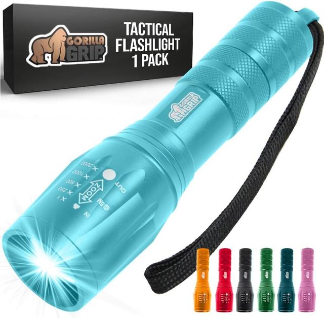 Product image of GORILLA GRIP Powerful LED Tactical Flashlight, 750 FT High Lumens 5 Adjustable Modes, Water Resistant, Ultra Bright Zoom Flashlights, Small Mini Flash Light, Camping, Night Dog Walking, Turquoise