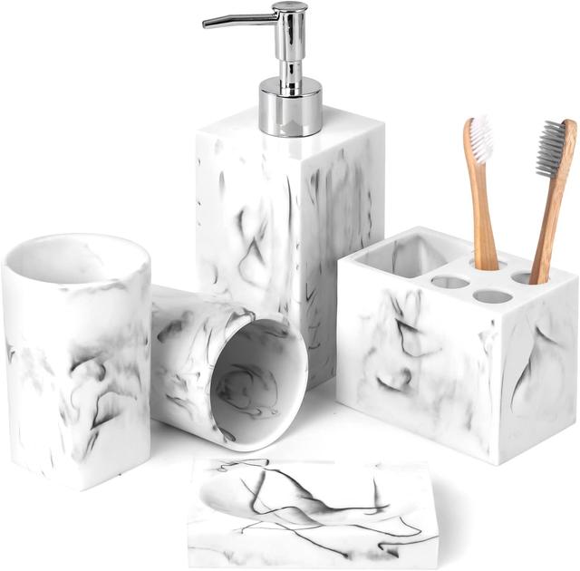 Product image of Haturi Bathroom Accessories Set, 5 Pcs Marble Look Sets Soap Dispenser & Toothbrush Holder Counter Top Restroom Apartment Decor Stuff, Resin Kits, Gift for Women and Men, Ink White
