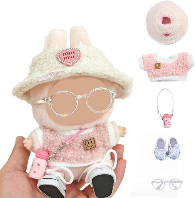 Product image of 5 Set 17cm Doll Clothes - Clothes for Dolls Outfit - Accessories for 17cm Dolls Clothes +Light Pink Heart-Shaped Velvet hat + Small Camera + Glasses + Canvas Shoes, No Doll Included