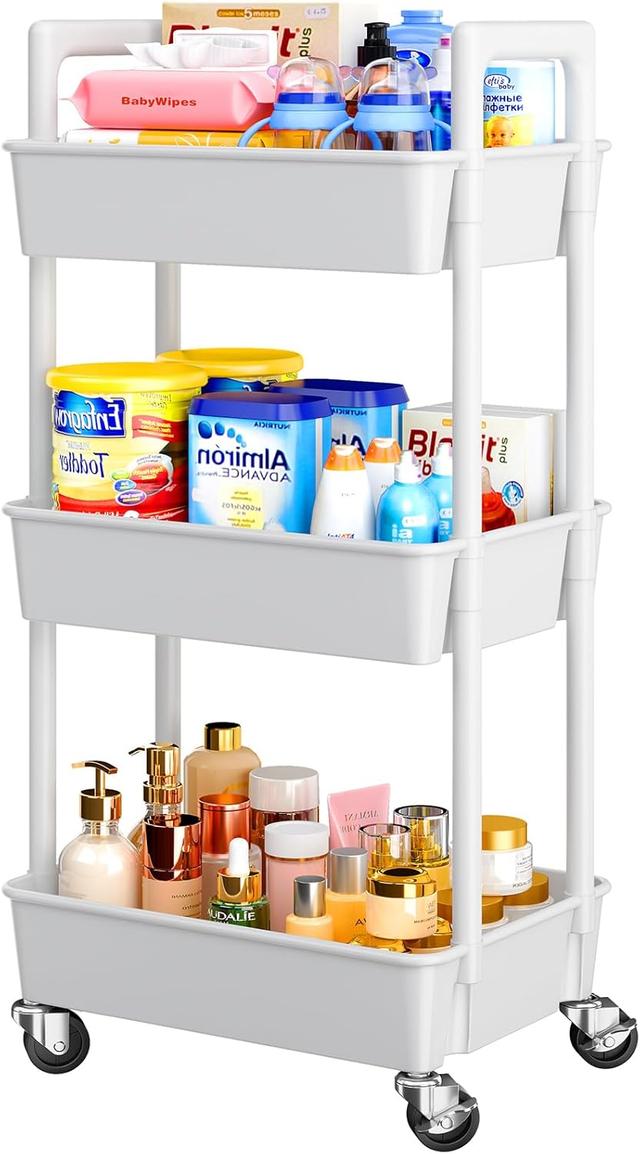 Product image of Pipishell 3 Tier Rolling Cart Organizer, Plastic Rolling Cart with Lockable Wheels & Reinforced Handle, Lightweight Utility Cart Storage Cart for Nursery, Kitchen, Bathroom, Craft Room, White, PIUC14W
