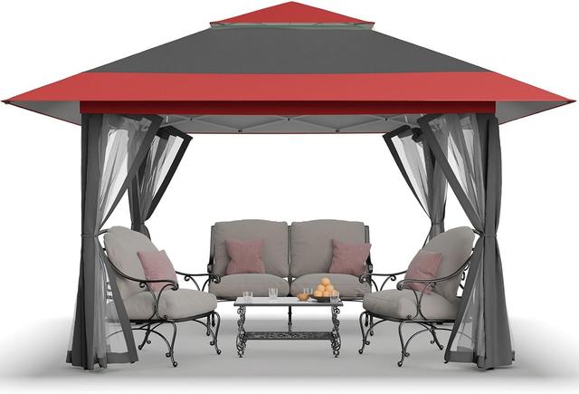 Product image of CROWN SHADES 13x13 Pop Up Gazebo, Canopy Tent, Gazebos on Clearance - Outdoor Gazebo for Backyard & Patio Furniture - Carpa Pop Up Tent with Wheeled STO-N-Go Cover Bag (Red & Grey)