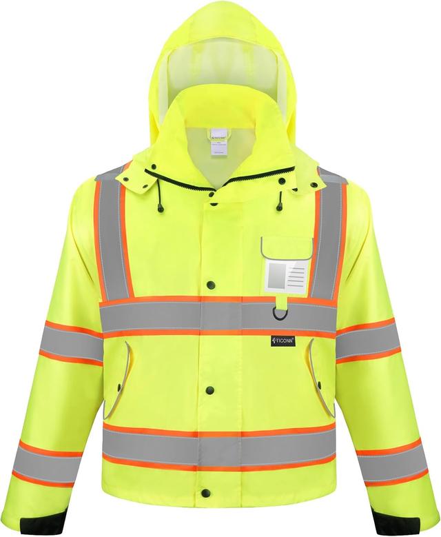 Product image of TICONN Reflective Rain Jacket Safety Jacket, Waterproof Hi Vis Rain Coat, Class III High Visibility Coat (Yellow&Black, S)