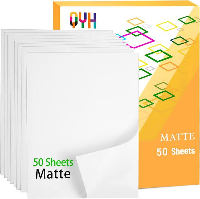 Product image of QYH Premium Printable Vinyl Sticker Paper - 50 Matte White Waterproof Decal Paper Sheets for Inkjet Printer Standard Letter Size 8.5"x11"