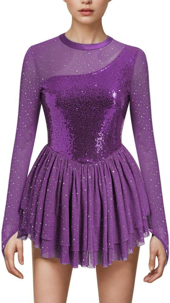 Product image of AFAVOM Sequin Figure Skating Dress for Women Long Sleeve Shiny Mesh Rhinestone Ice Skating Dress Ballet Lyrical Dancewear