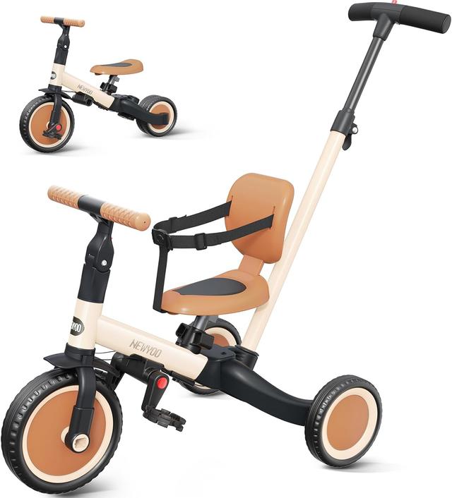 Product image of newyoo Toddler Tricycle with Push Handle for 1-3 Year Old, Toddler Bike, Birthday Gift and Toy for Boys and Girls, 5 in 1 Kids Trike, Balance Bike with Backrest and Safety Belt, Khaki, TR007