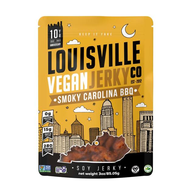 Product image of Louisville Vegan Jerky - Sweet & Smoky Carolina Mustard BBQ Vegan Meat - Lip-Smacking Vegan-Friendly & Vegetarian Jerky - Non-GMO Soy Protein, Gluten-Free High Protein Vegan Snacks (3oz)