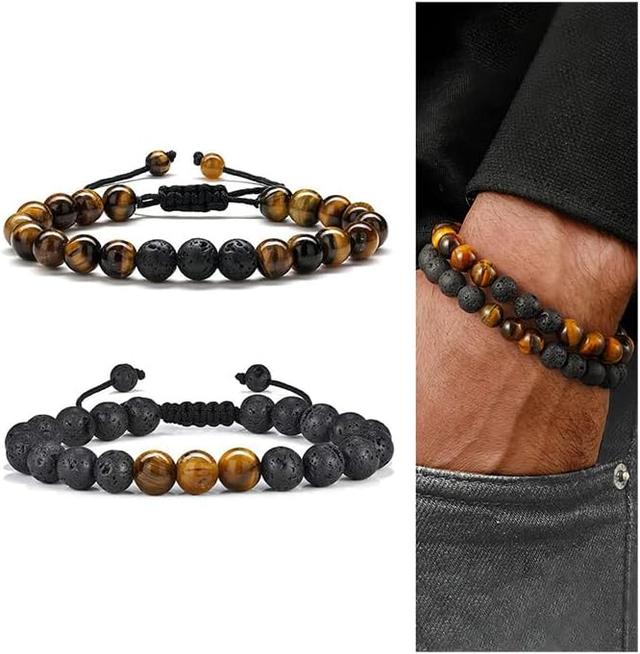 Product image of M MOOHAM Natural Stone Bracelets for Men - 8mm Tiger Eye, Matte Agate, Lava Rock - Teen Boys Gifts for Birthday, Anniversary, Christmas