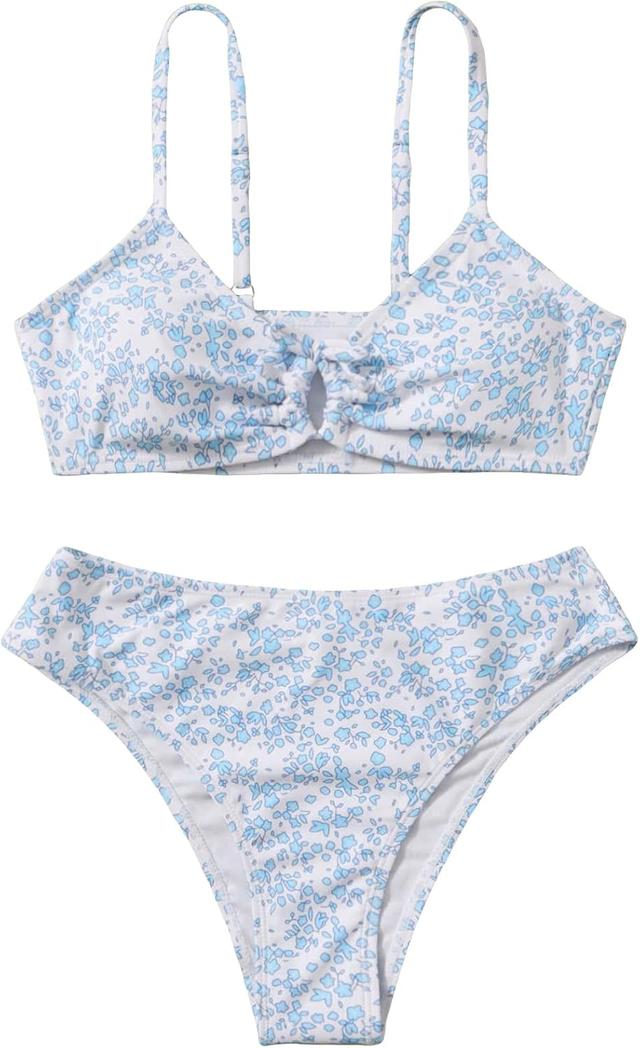 Product image of COZYEASE Girls' 2 Piece Ditsy Floral Print Knot Front Ruched Triangle Bikini Swimsuit