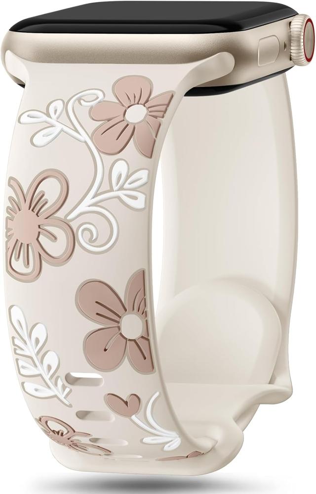 Product image of Witzon Floral Band Compatible with Apple Watch Bands For Women 40mm 41mm 38mm 42mm 44mm 45mm 46mm 49mm, Engraved Cute Flower Silicone Inlay Dressy Strap for iWatch Series 10 9 8 7 6 5 4 3 2 SE Ultra