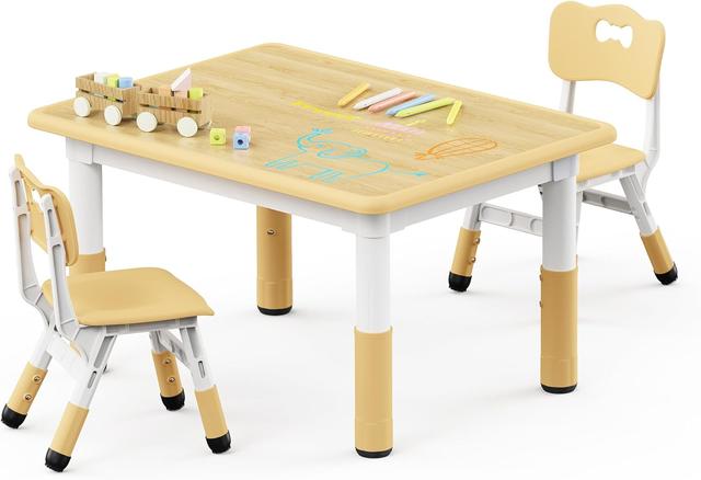 Product image of Brelley Kids Table and 2 Chairs Set, Height Adjustable Toddler Desk 31.5" L x 23.6" W and Chair Set, Graffiti Desktop, Classroom/Daycare/Home, Children Multi-Activity Table for Ages 2-8