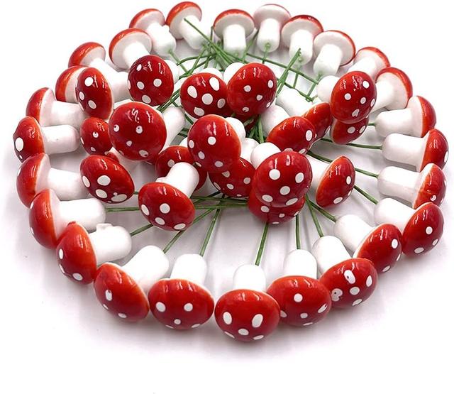 Product image of Aliotech 50 Pieces Mini Mushroom Miniatures Artificial Garden Fairy Bonsai Plant Pot Resin Craft Decoration for Home DIY Micro Landscape Decor (Red)